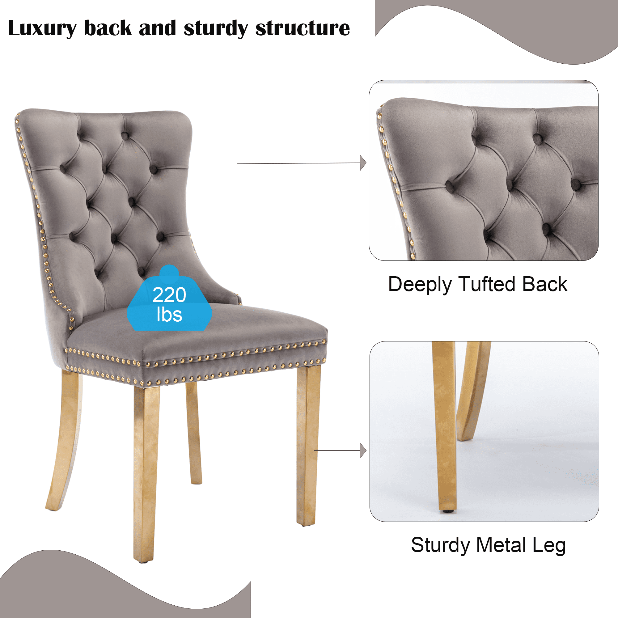 Dining Chairs, Accent Diner Chairs with Nailhead Trim and Back Ring Pull, Velvet Fabric Dining Room Chairs, Side Chair Kitchen Chairs with Golden Stainless Steel Plating Legs (Set of 4)