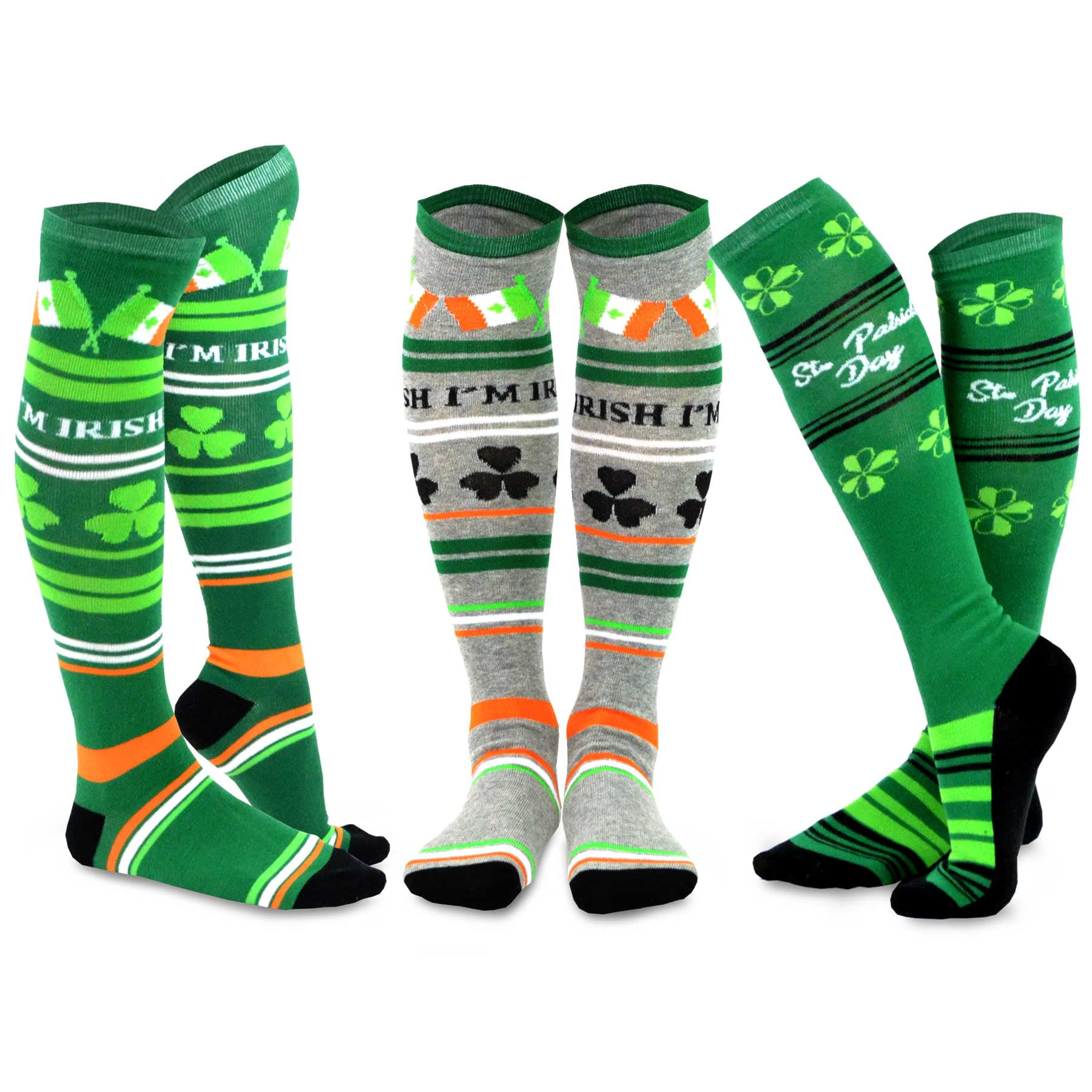 Patricks Day Socks Green Clover Shamrock Striped Knee Stocking Irish Costume Party High Socks for Women Girls 3 Pack St