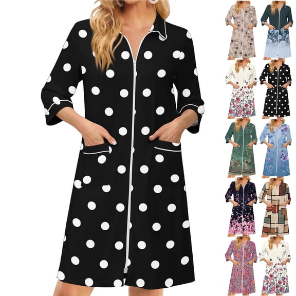 Lightweight Robes for Women Zipper 3/4 Sleeve Bathrobes for Women Zip Up Front Knee Length Polka Dot Loose Fit Pajama Sleepwear with Pockets Black XXL