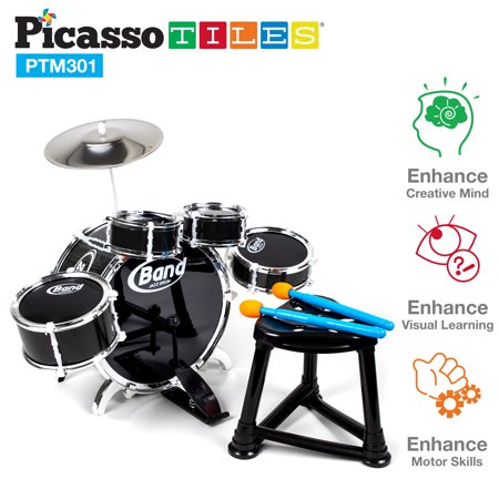 PicassoTiles  10 Piece Kid Rock N Roll Drum Set with 4 snare and 1 bass drums, a cymbal, a chair, a comfortable kick pedal, 2 drumsticks, and a sturdy chair - Metallic BLUE 