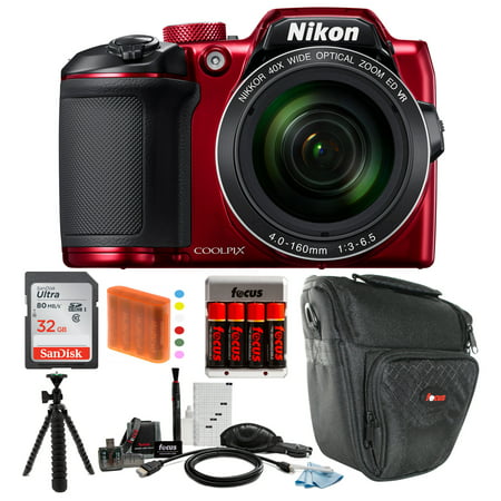Nikon COOLPIX B500 Digital Camera (Red) with 32GB Memory Card and Focus