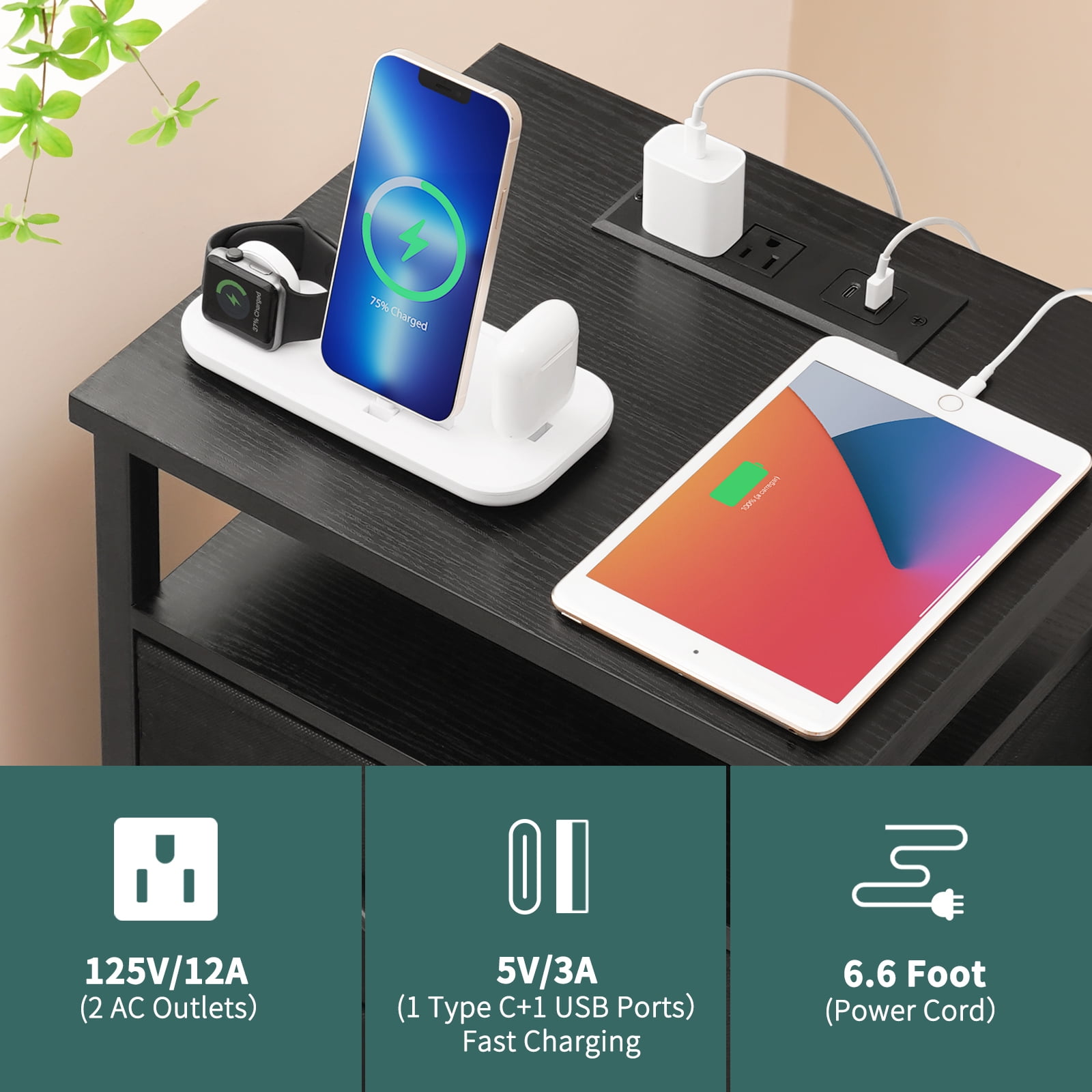 Night Stand with Charging Station, LED Nightstand with USB Ports and Outlets, End Table with Fabric Drawers and Storage Shelf, Black