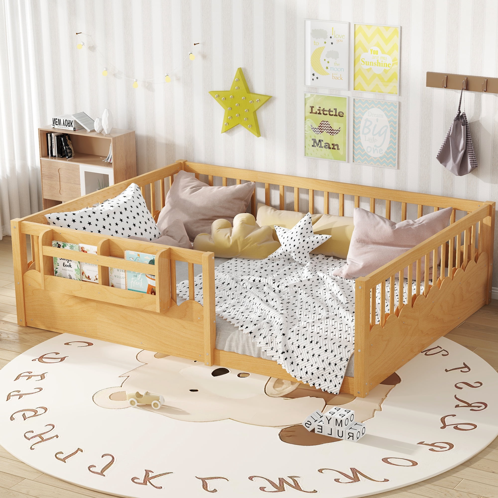 Mintazer Queen Montessori Floor Bed with Bookshelf & Heightened Fence, Kids Wood Floor Bed for Boys and Girls, Natural