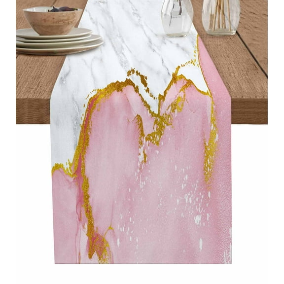 Pink Gold Marble Table Runners 108 Inches Long, Cotton Linen Fabric Table Runner Dresser Scarf, Modern Abstract Marble Crack Texture Tablerunner for Party/Kitchen/Dinner/Wedding Decor 13''x108''