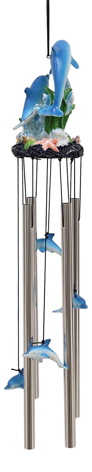 Ebros Nautical Marine Dolphin Family Swimming by Coral Reef Wind Chime 21" Long
