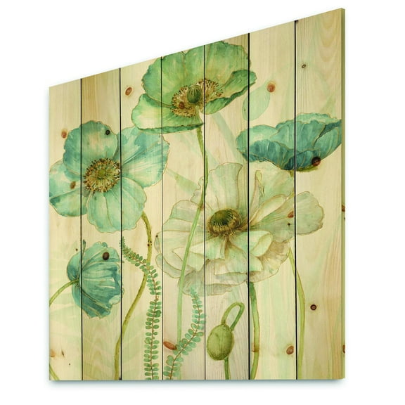 Designart 'Abstract Blue Cottage Flowers Drawing II' Farmhouse Print on Natural Pine Wood