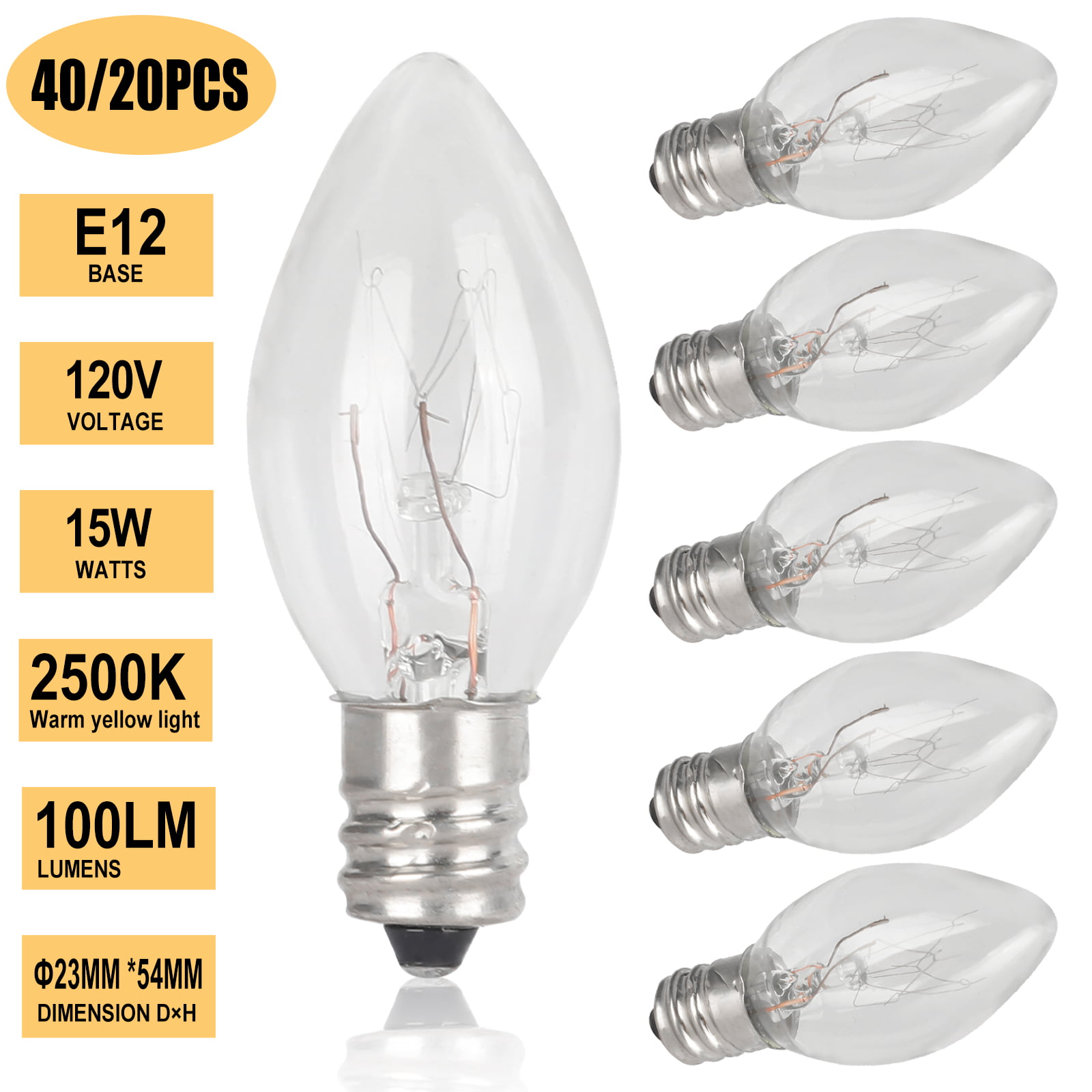 40/20Pcs E12 Base Candelabra LED Light Bulbs, TSV 2500K Chandelier Light Bulb, 15 Watt 100LM