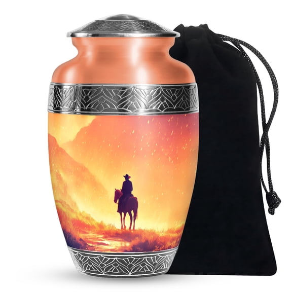 JAGASY Cowboy Cremation Urns for Human Ashes, Orange Large Urn for Ashes for Women, Rainy Sky & Mountain Decorative Urns for Home Decor, Horse Memorial Urn for Male & Female, (10 Inch)