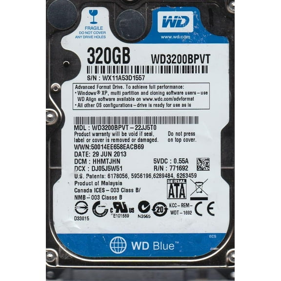 WD3200BPVT-22JJ5T0, DCM HHMTJHN, Western Digital 320GB SATA 2.5 Hard Drive