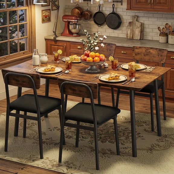 4-Piece Dining Table Set for 4 with 4 Upholstered Chairs, Dining Room Table Set for 4 w/Beveled Edge Design, Space Saving Wood Kitchen Table Chairs Set of 4 for Dining, Kitchen Room, Apartmen