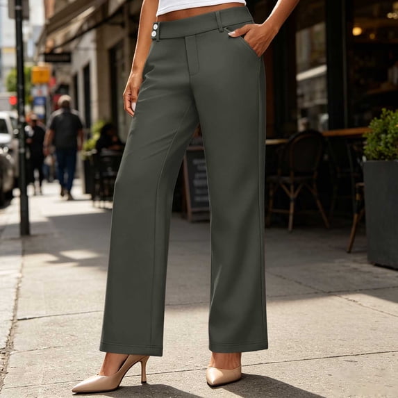 Women's Straight Leg Dress Pants, Button Zip Front, Back Elastic, Side Pockets, Relaxed Fit