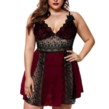 LilyLLL Plus Size Womens Bralette Lace Nightdress Chemise Babydoll Lingerie Pajamas Sleepwear