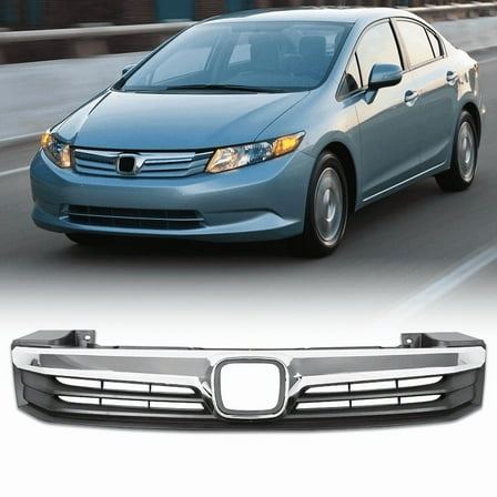 Front Bumper Upper Grille Grill Fit for 2011 2012 Honda Civic Sedan HO1200206 Black W/Chrome Molding