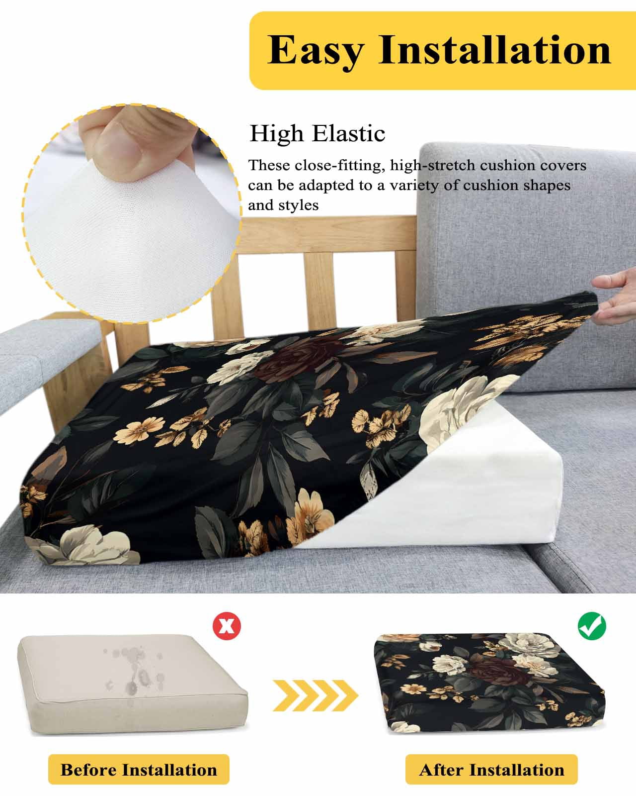 Vintage Black Floral Sofa Couch Cushion Covers Washable, Removable Stretchable Sectional Couch Covers, Spring Seasonal Botanical Blooms Slipcovers for L & T Shape Sofa Furniture Protector M Size 1 pc