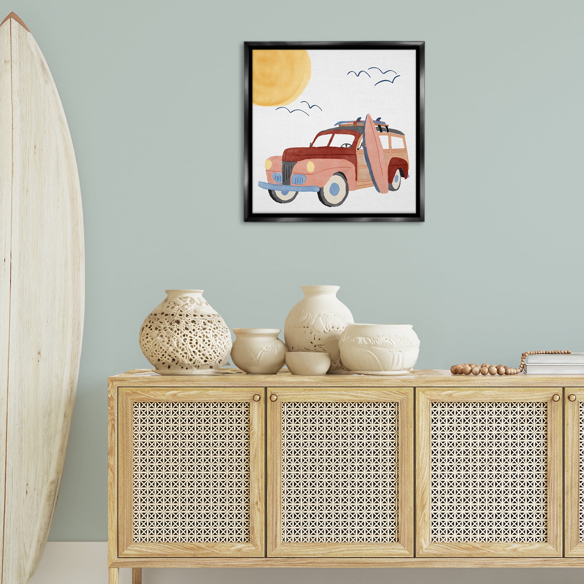 Stupell Industries Summer Surf Wagon Transportation Painting Black Floater Framed Canvas Art Print Wall Art, 25 x 25
