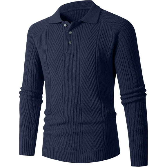 Wrtxtat Men's Lapel Button Sweaters Autumn Midweight Thermal Slim Fit Knitted Top Cable Knit Solid Color Long Sleeves Sweater Big and Tall Navy M