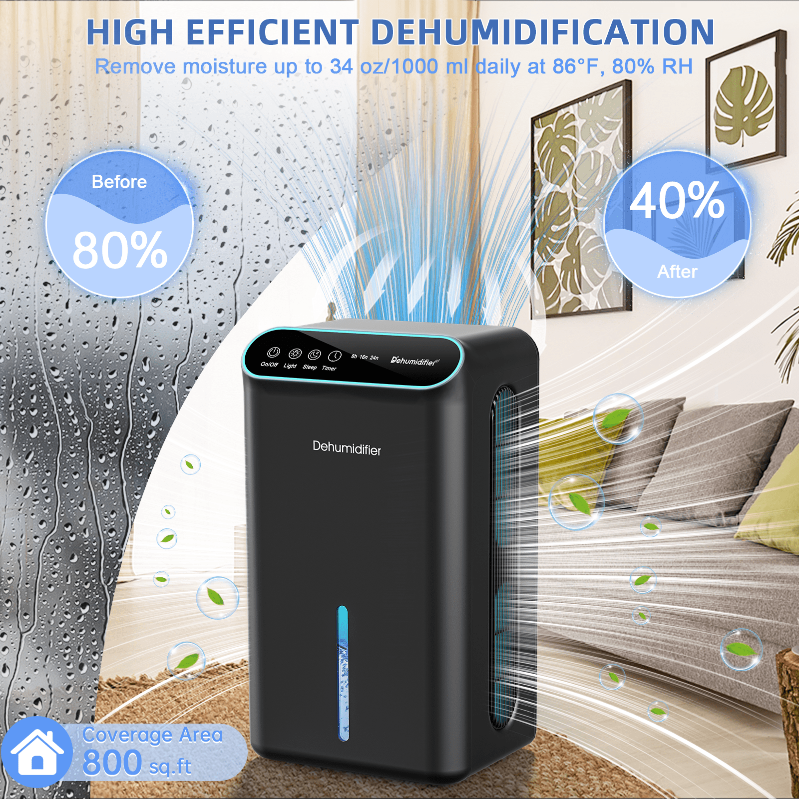 Zeova Dehumidifier, 86 OZ Dehumidifiers for Home (800 Sq.ft), Dehumidifier for Bedroom with Essential Oil Diffuser, 7 Color LED Light, 24H Timer, Auto Shut-off, Ideal for Bathroom Closet RV (Black)