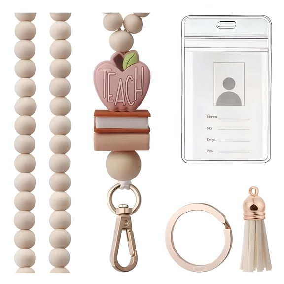 DESIGNICE Wooden Lanyard ID Badges Teacher Lanyard with ID Holder Boho Style Keychain Beaded Lanyard Natural Wood Bead Pendant