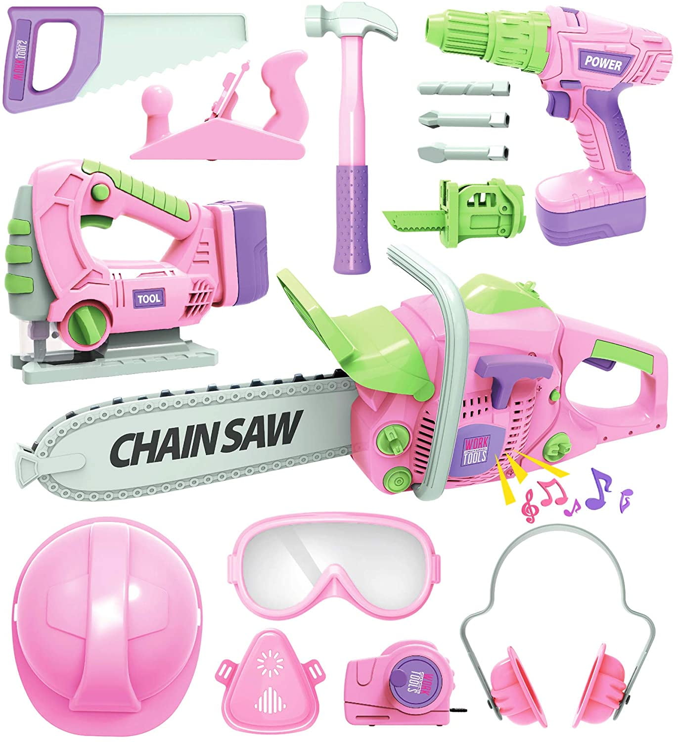 Kids Tool Set, Realistic Kids Power Construction Toy Tools Set with Electric Toy Drill Chainsaw JigSaw, STEM Playset Roleplay Pretend Learning Repairman Toys Kit Gift for Child Boys Girls (Pink)