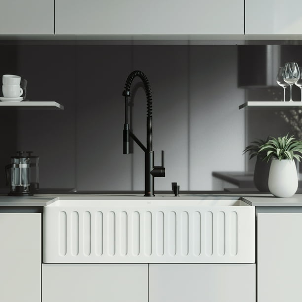 Vigo All In One 36 Matte Stone Farmhouse A Kitchen Sink Set With Livingston Faucet Black Strainer And Soap Dispenser Com Farmhouse A Kitchen Sink Set, Stone Farmhouse Sink Kitchen