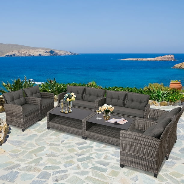 Gymax 8PCS Rattan Patio Conversation Set Cushioned Outdoor