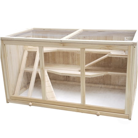Spacious Wooden Hamster Cage with Acrylic Viewing Panels, Multi-Level Small Pet Habitat with Deep Slide-Out Tray, Natural Solid Wood Indoor Hutch for Syrian Dwarf Hamsters