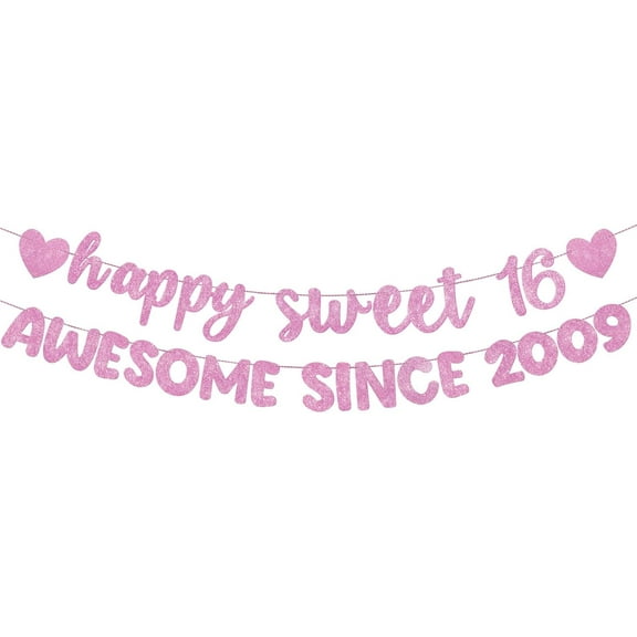Pre Strung Happy Sweet 16 Awesome Since 2009 Banner Glitter Sweet 16th Birthday Signs for Birthday Bachelorette Party Decorations 16th Hanging Banner Photo Props Decor(Pink)