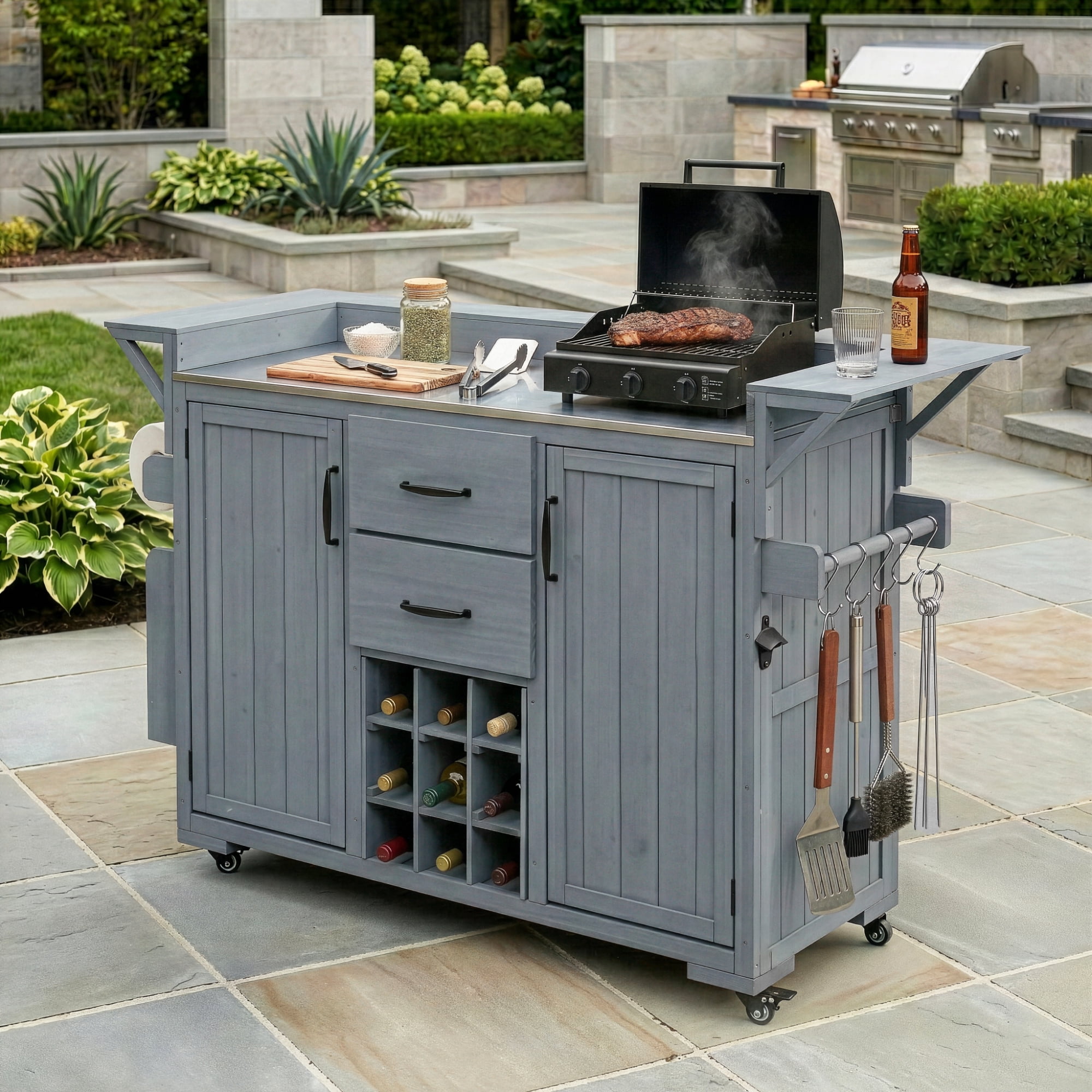 Mintazer Modern 60.2" Outdoor Kitchen Island with Wheels, Rolling Kitchen Island with Stainless Steel Top & Wine Rack, Patio BBQ Kitchen Cart with Spice Rack & 2 Drawers, Gray