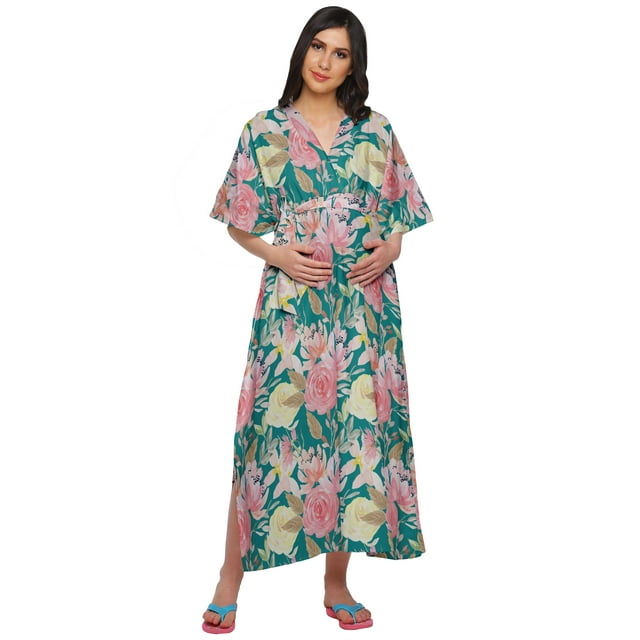 Moomaya Robe Kaftan d'Été pour Femmes en Coton à Boutons, Manches Kimono, Maternité