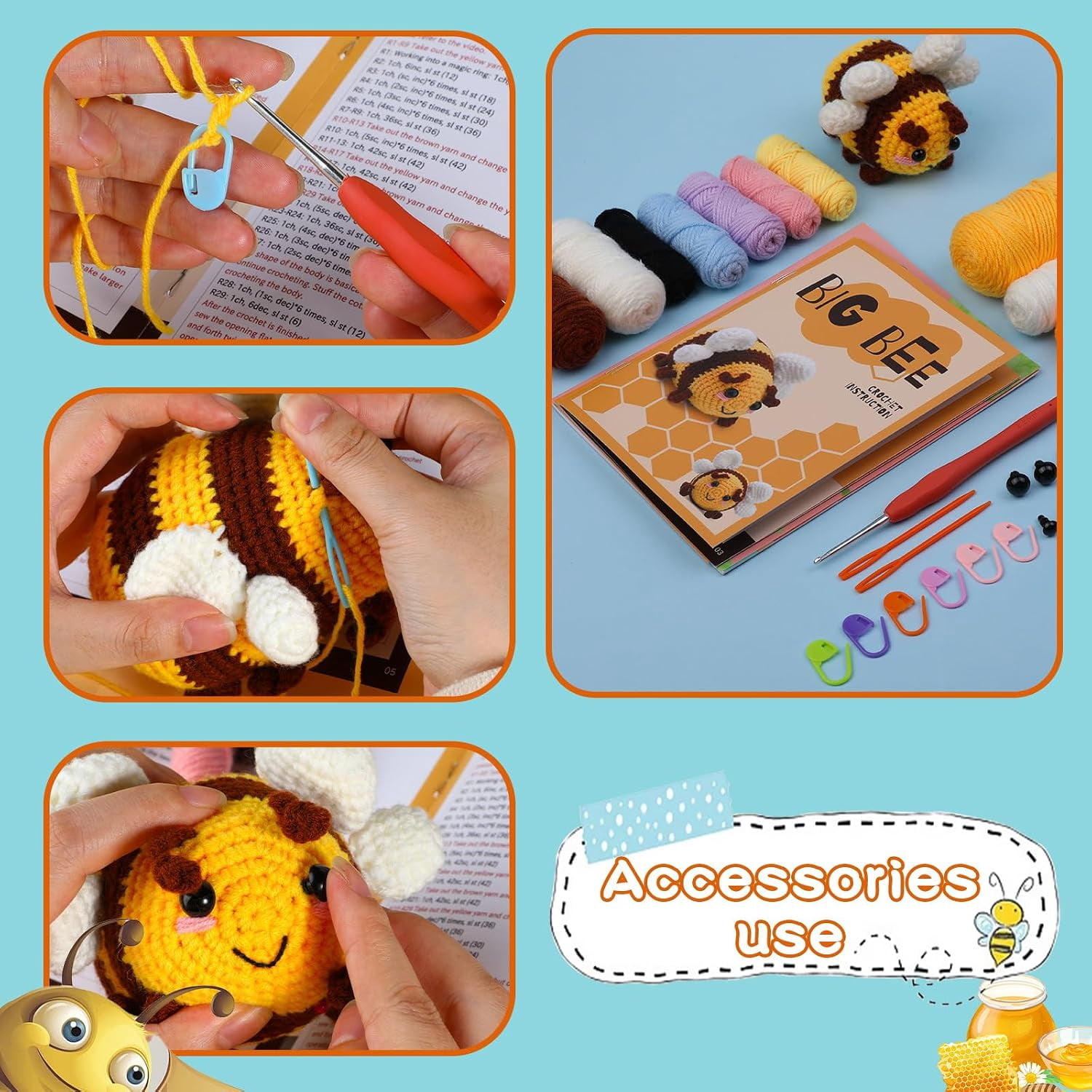 Beginner Crochet Kit, Bee Amigurumi Crochet Kit with Yarn, Hook, Stuffing and Tools, DIY Craft Kit to Make 2 Cute Plush Bees, Step-by-Step Crochet Project for Adults, Teens & Beginners, Handmade Gift