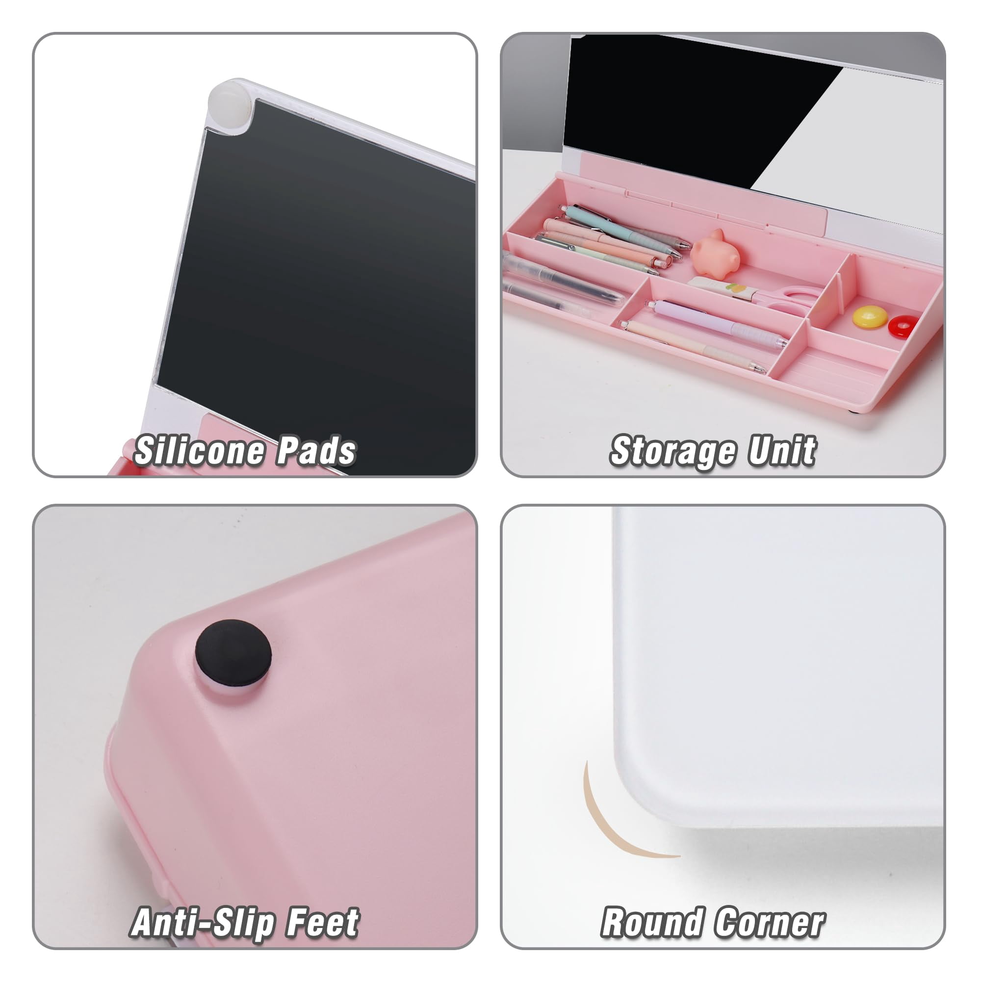 Desktop Glass Whiteboard With Organizer & Built-in Mirror - Small Dry Erase White Board Computer Pad Stand Markers  Eraser Holder For Women Pink