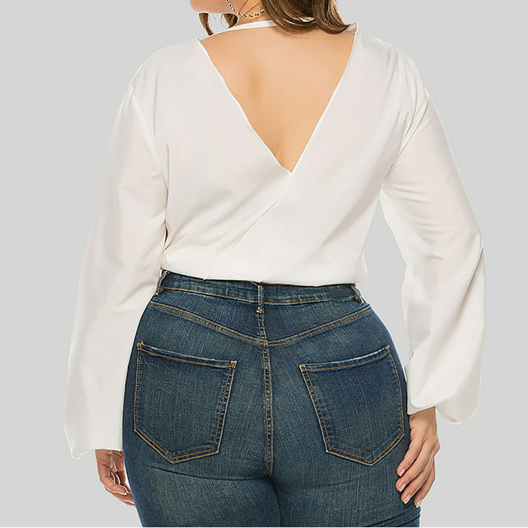 Puff Long Sleeve Top, Elegant Back Tie Up Crop Top Bowknot For Work Blue M