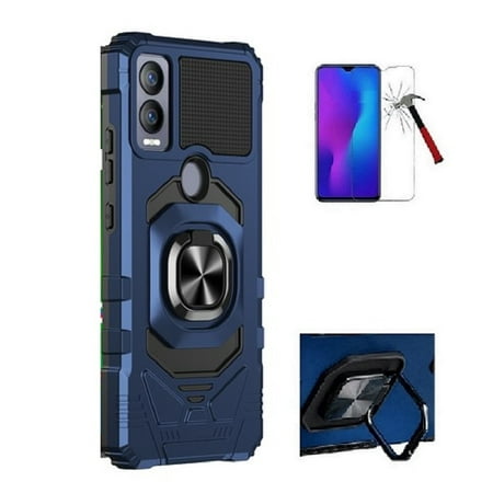 Phone Case for Cricket Magic 5G/AT&T Propel 5G, Ring Kickstand Hybrid Case Cover + Tempered Glass (Blue)