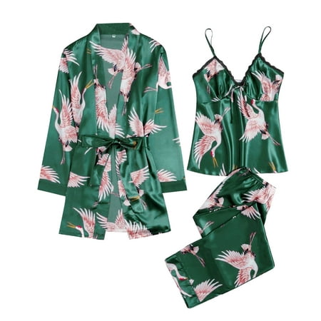 

BIZIZA Women Sleepwear Cami Top and Shorts Soft 3 Piece PJ Sets Loungewear with Robe Nightwear Pajama Set Green XL