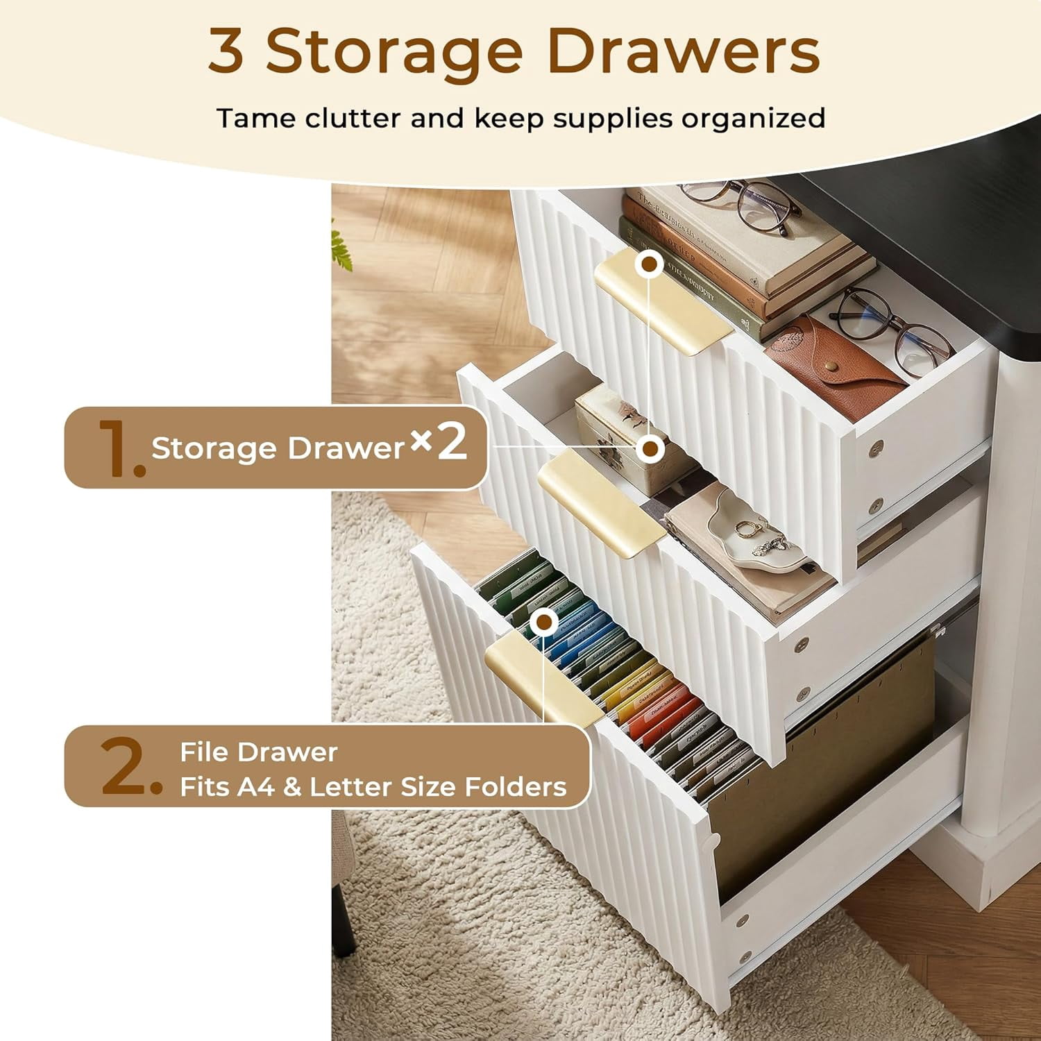 59'' Fluted Executive L Shaped Desk, Computer Corner Desks with Power Outlets, Extra Large Storage Drawer & Cabinet, Home Office Writing Desk for Study Bedroom,White