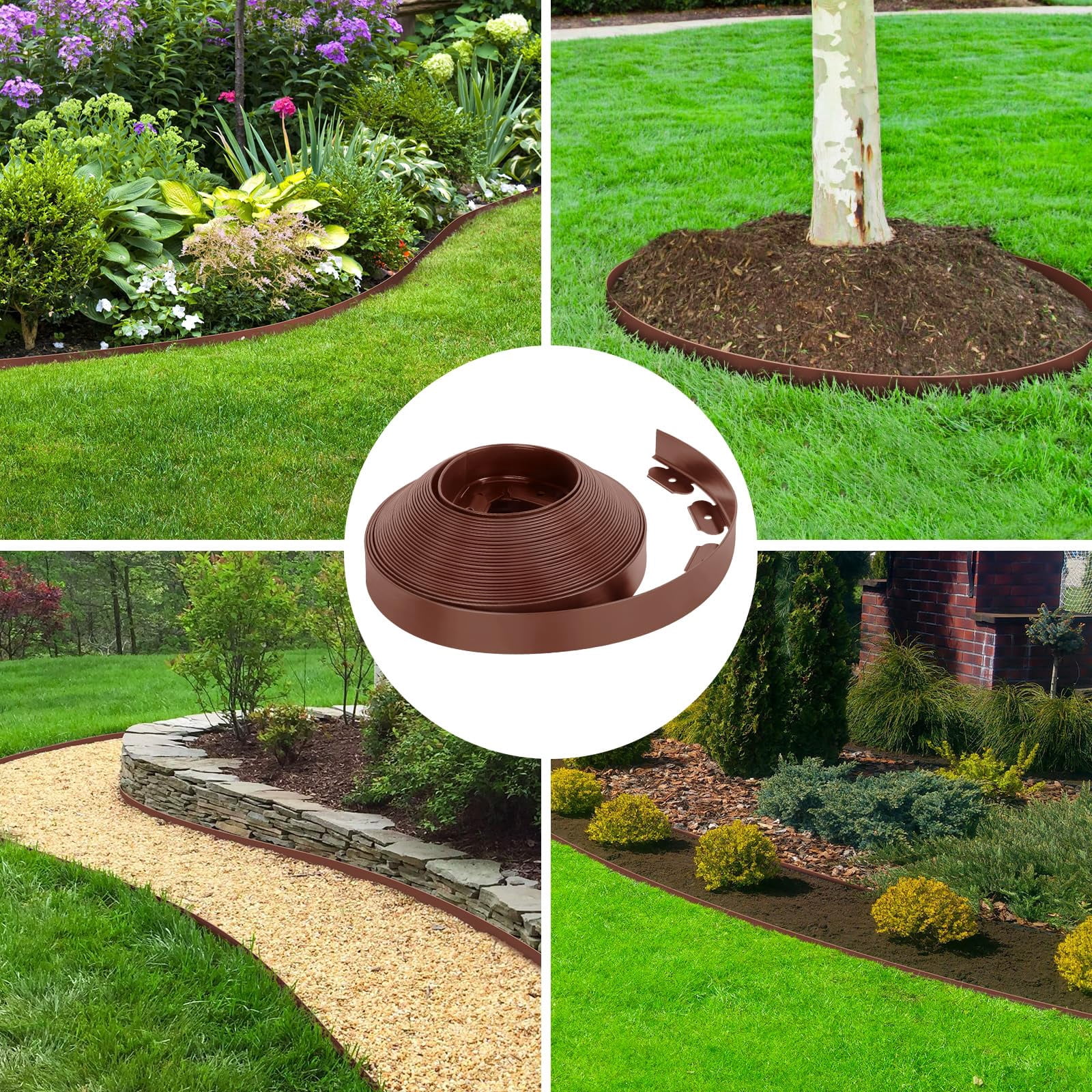 2-Inch x 100 FT Landscape Edging Border with 150 Spikes, Plastic Edging for Landscaping Garden Edging Border, Flexible Landscaping Edging for Garden Flower Beds Yard Lawn Pathway Paver (Brown)