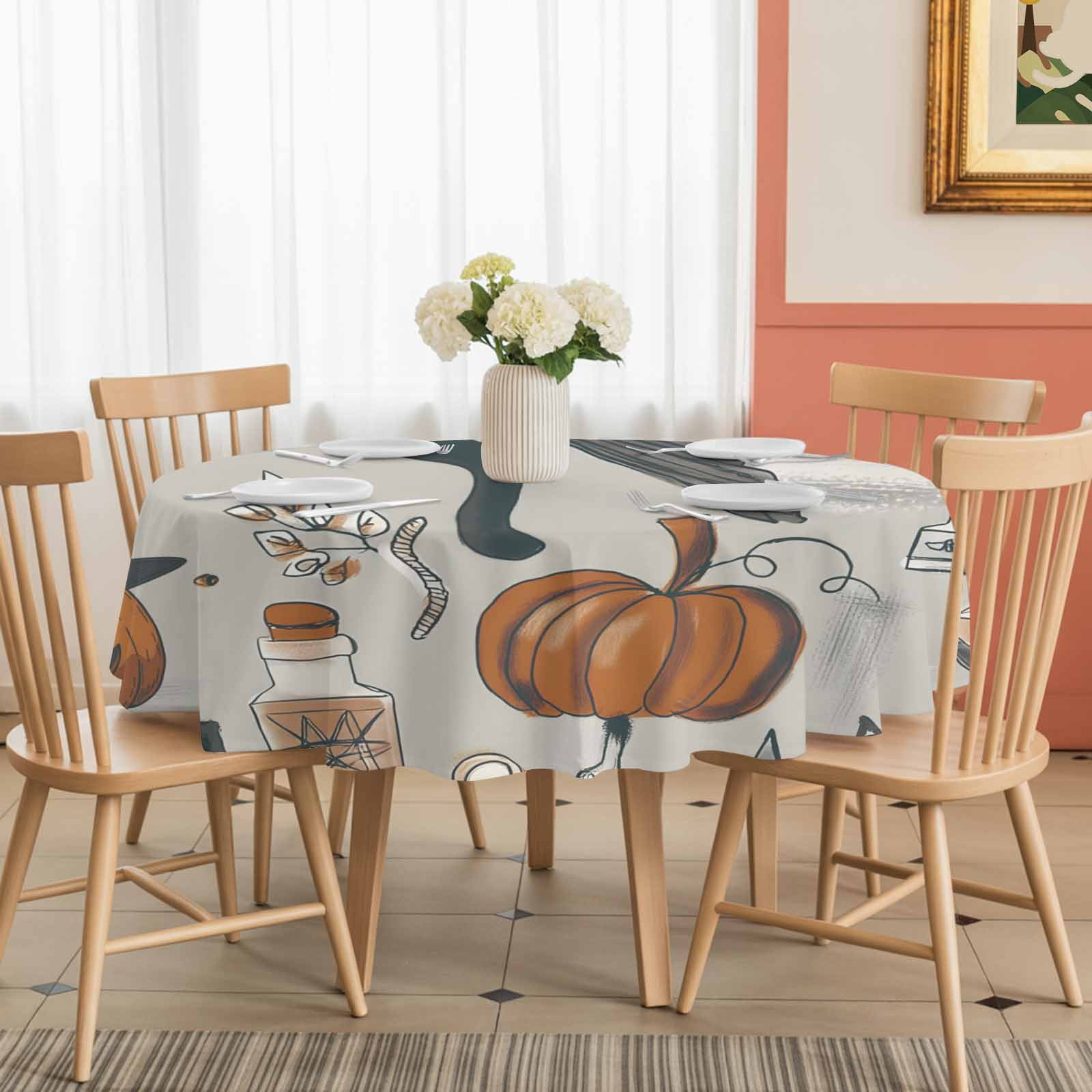 Round Tablecloth Vintage Halloween Pattern Waterproof Oil Proof Polyester Table Cloth Cover Decor for Home Dining Outdoor,Patio,Parties, 54" Dia. Pumpkin Witch Hat Black Cat