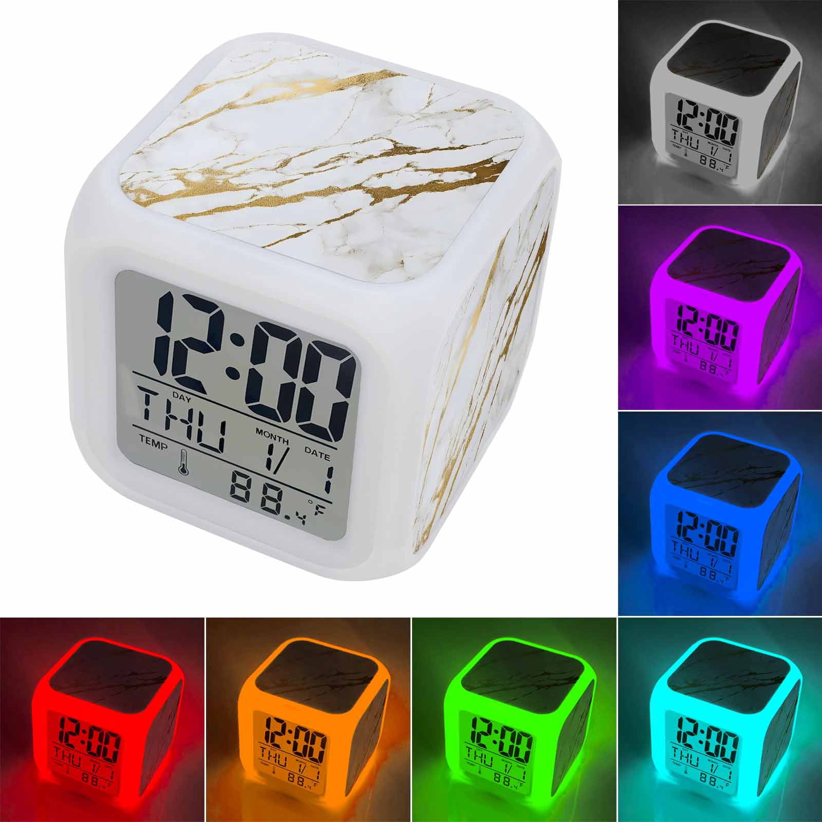 White Gold Modern Digital Alarm Clock for Bedrooms, Smart LED Alarm Clock with 7 Color Changing Night Light, Abstract Vintage Marble Geometric Silent Wake Up Clocks for Sleep Study Cooking 3.2"x3.2"