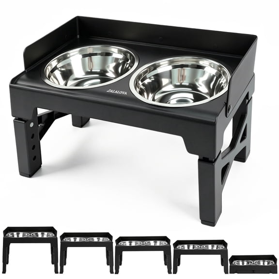 ZALALOVA Elevated Dog Bowls Stand with 2 Stainless Steel Dish,Raised Dog Bowl,High-Wall Splash Guard with 5 Heights (3.15", 8.9", 10",11.2", 12.4") for Medium Large Dogs (Black)