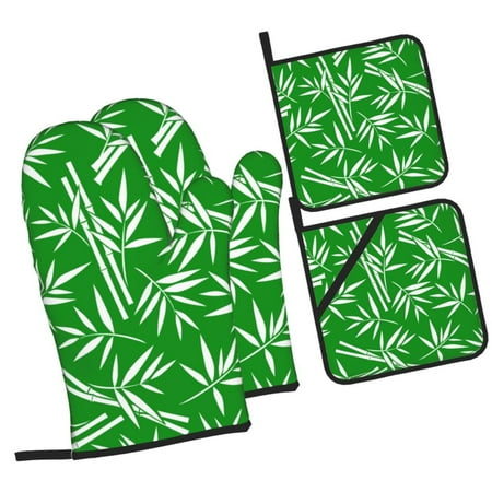 

Tebeau Bamboo Print 4 Pcs Oven Mitts and Pot Holders 500°F High Heat Resistant Kitchen Oven Mitts with Pot holders Long Oven Mitts for Baking and Cooking