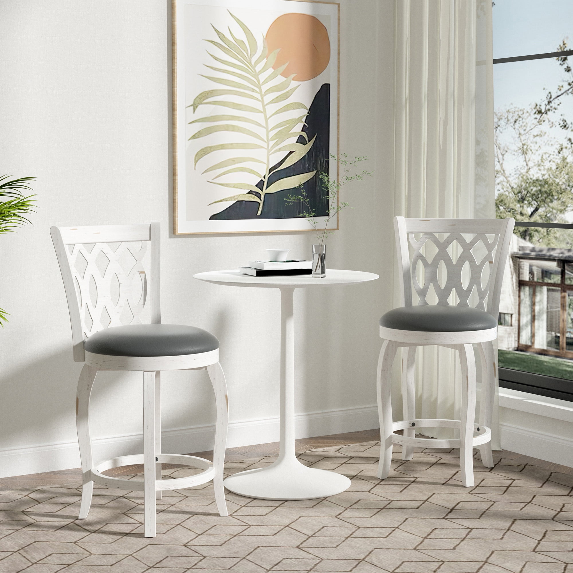 Joywind 24" Counter Height Swivel Bar Stools with High Back, Upholstered Seat & Solid Wood Footrest, White, Set of 2