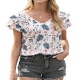 thumbnail image 3 of CHOK Womens Tops Summer Double Ruffle Short Sleeve V-Neck Casual Blouses  Colorful Leaves-L(US 12-14), 3 of 5