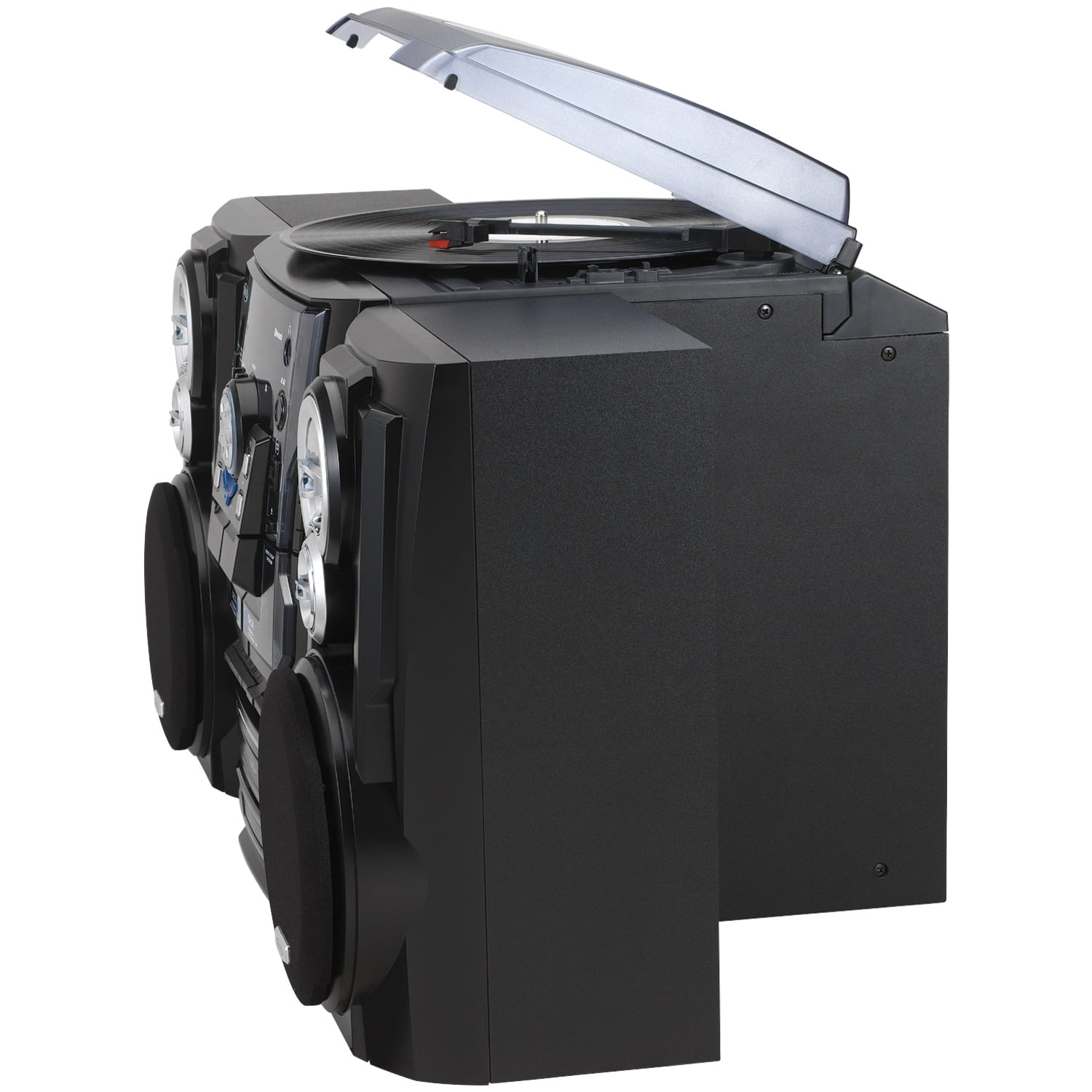 JENSEN 10-Watt 3-Speed Belt-Drive Manual Turntable with External Speakers, Bluetooth, 3 CD Changer, Dual Cassette Deck, AM/FM, and 45-RPM Adapter