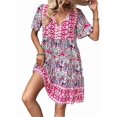 thumbnail image 3 of Women'S V Neck Patchwork Dress Bohemian Print Mini Skirt Summer Casual Beach Chic Pink S, 3 of 9