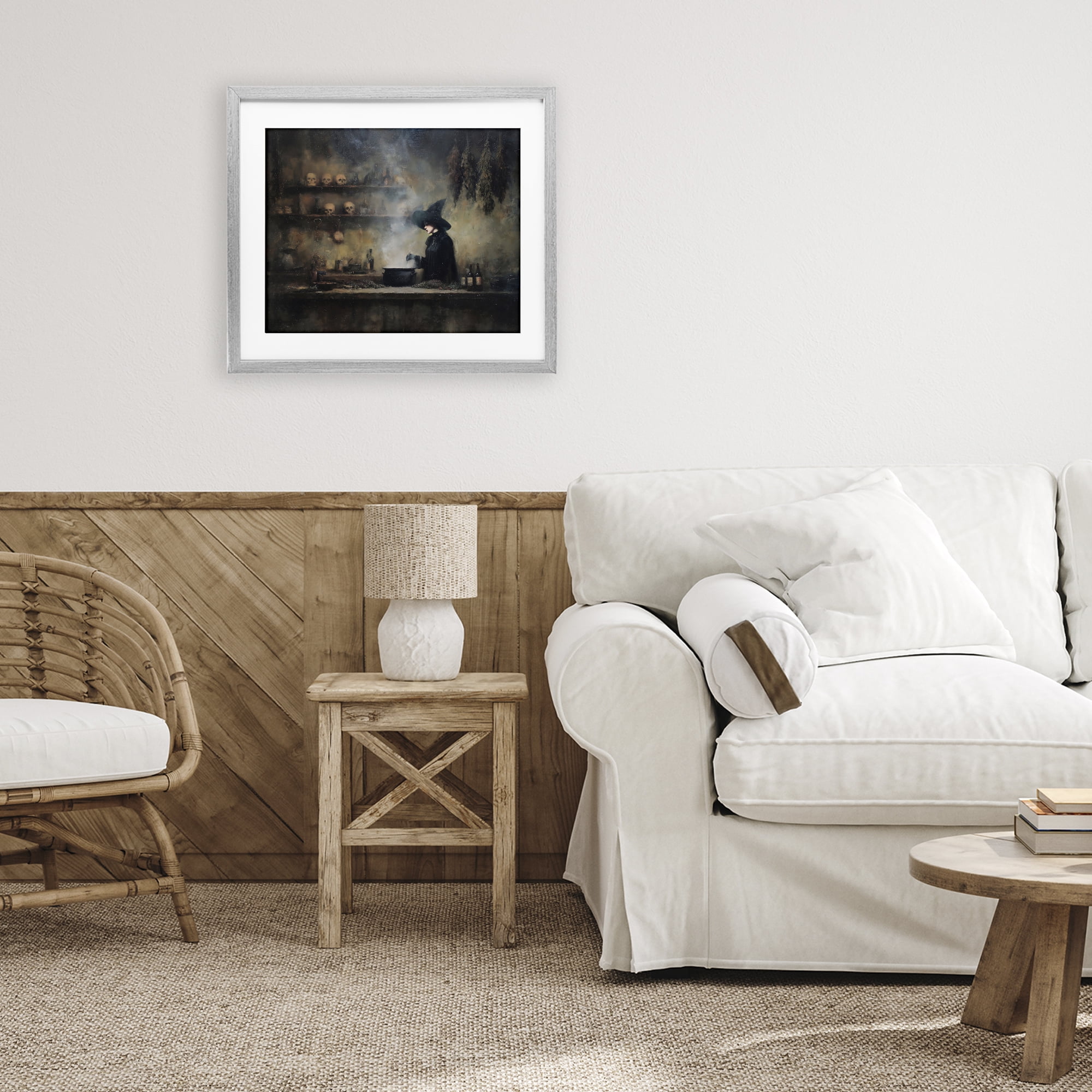Witch's Cauldron Brew Gray Framed Print Under Glass, design by Arlington Prints