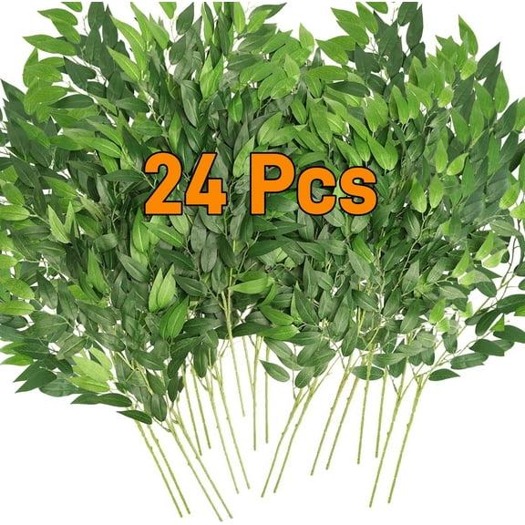 LQQBOX Artificial Greenery Stems, 24 Pcs Faux Green Leaf Garland Branches Hanging Greenery for Wedding Bouquet Arch Table Centerpiece Home Decor