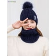thumbnail image 6 of BadPiggies 2-Pieces Winter Knitted Beanie Hat Scarf Set Thick Warm Velvet Lining Skull Ski Cap with Pompom for Men Women, Navy Blue, 6 of 8