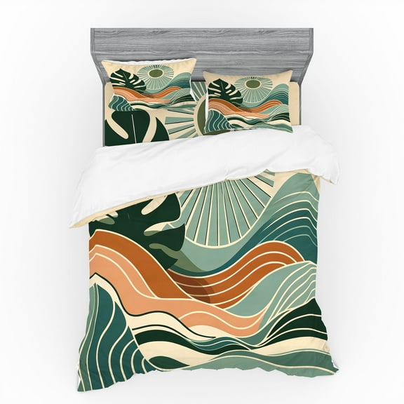 Ambesonne Monstera Bedding Set 4 Pcs, Abstract Landscape Boho, Queen, Evergreen Pale Seafoam