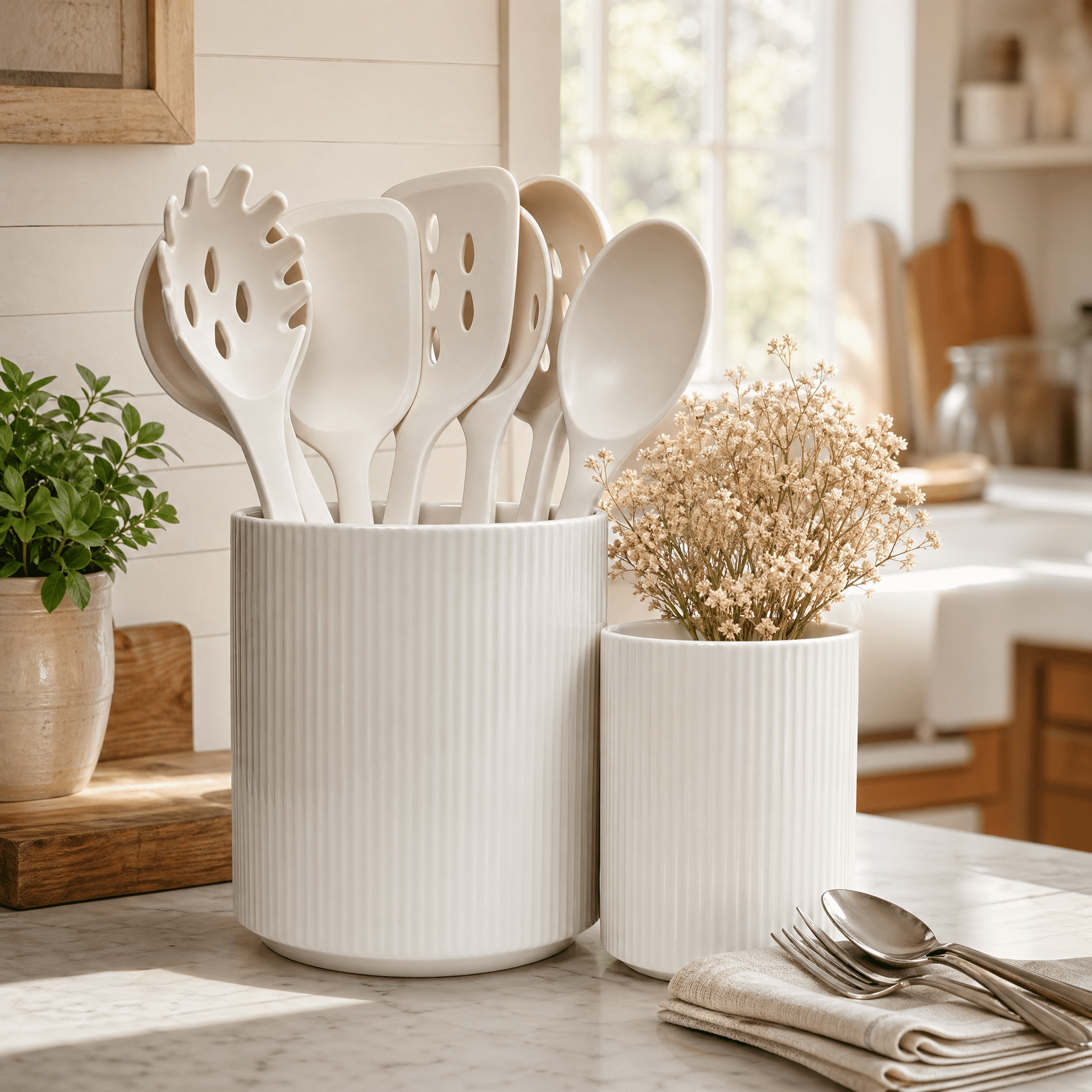 KSENDALO 2-Pack White Ceramic Utensil Holder Set(utensils not include), 7" & 4.5" Tall Farmhouse Kitchen Counter Storage Jars, Ribbed Utensil Crock for Silverware & Flower Display
