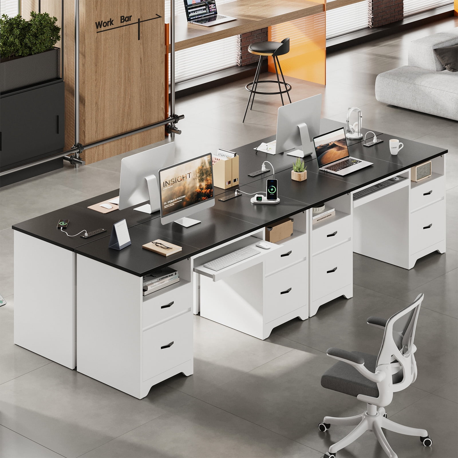 Bestier 59''Computer Desk with 4 Drawers,Office Desk with Storage,Modern Executive Desk with File Drawer, Office Desk with Charging Station, Keyboard Tray for Home office, Study & Bedroom，White